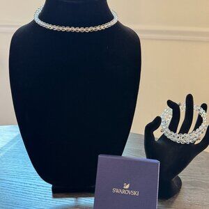 Signed Swarovski Clear Beaded Necklace and Two Bracelets Set With Swan